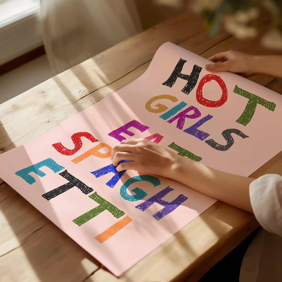 Hot Girls Eat Spaghetti Colorful Hand Lettering Pink Food Poster - Image 2