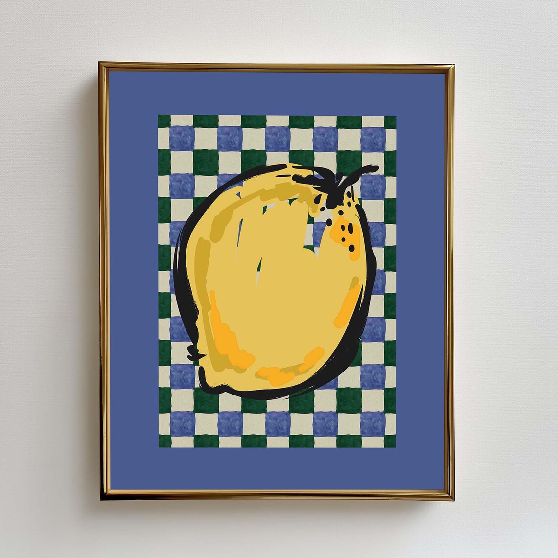 Funky Lemon Fruit Illustration Blue Checkered Retro Kitchen Wall Poster