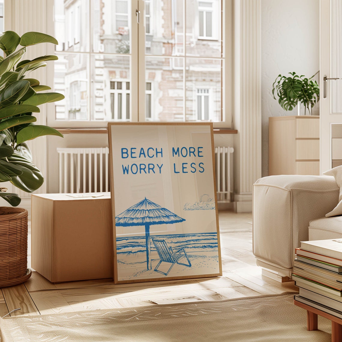 Beach More Worry Less Blue Line Art Tiki Umbrella and Ocean Poster - Image 5