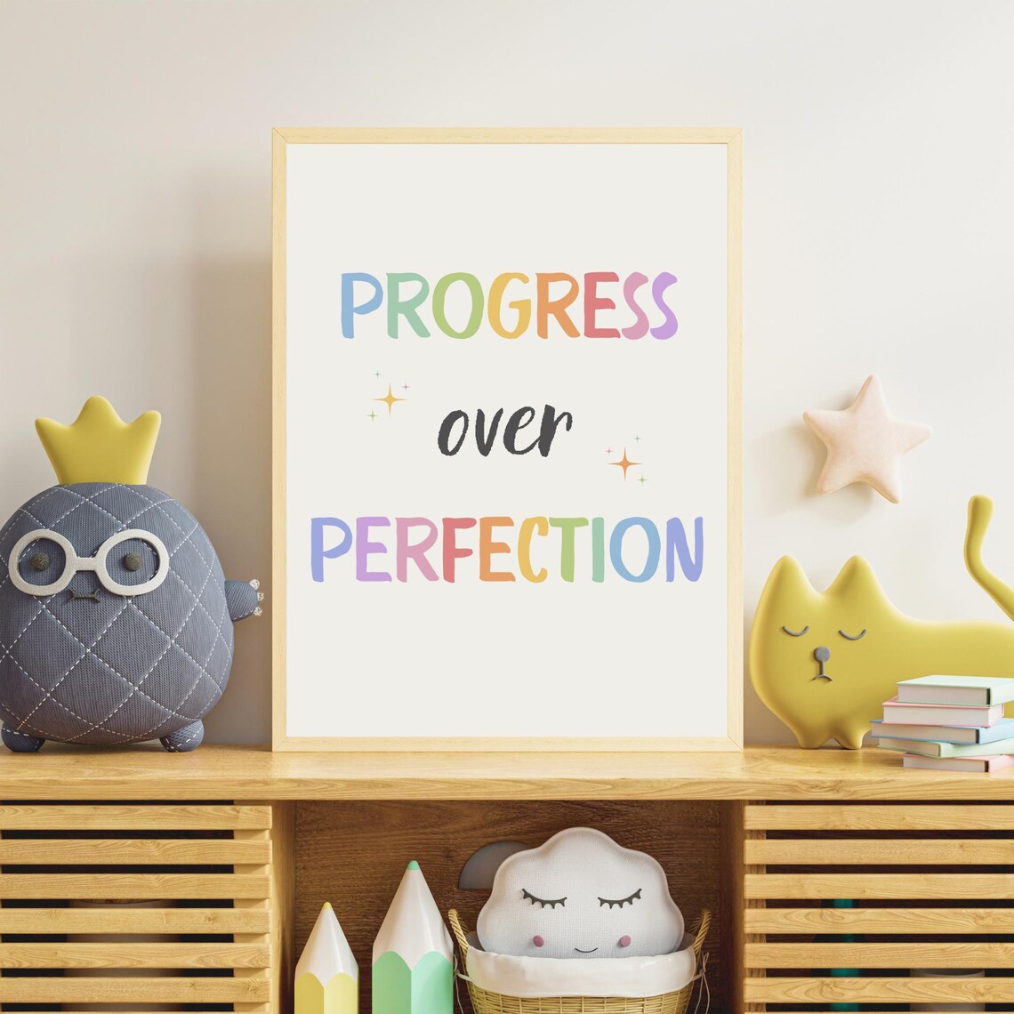 Progress Over Perfection Rainbow Pastel Quote Motivational Wall Art - Image 3