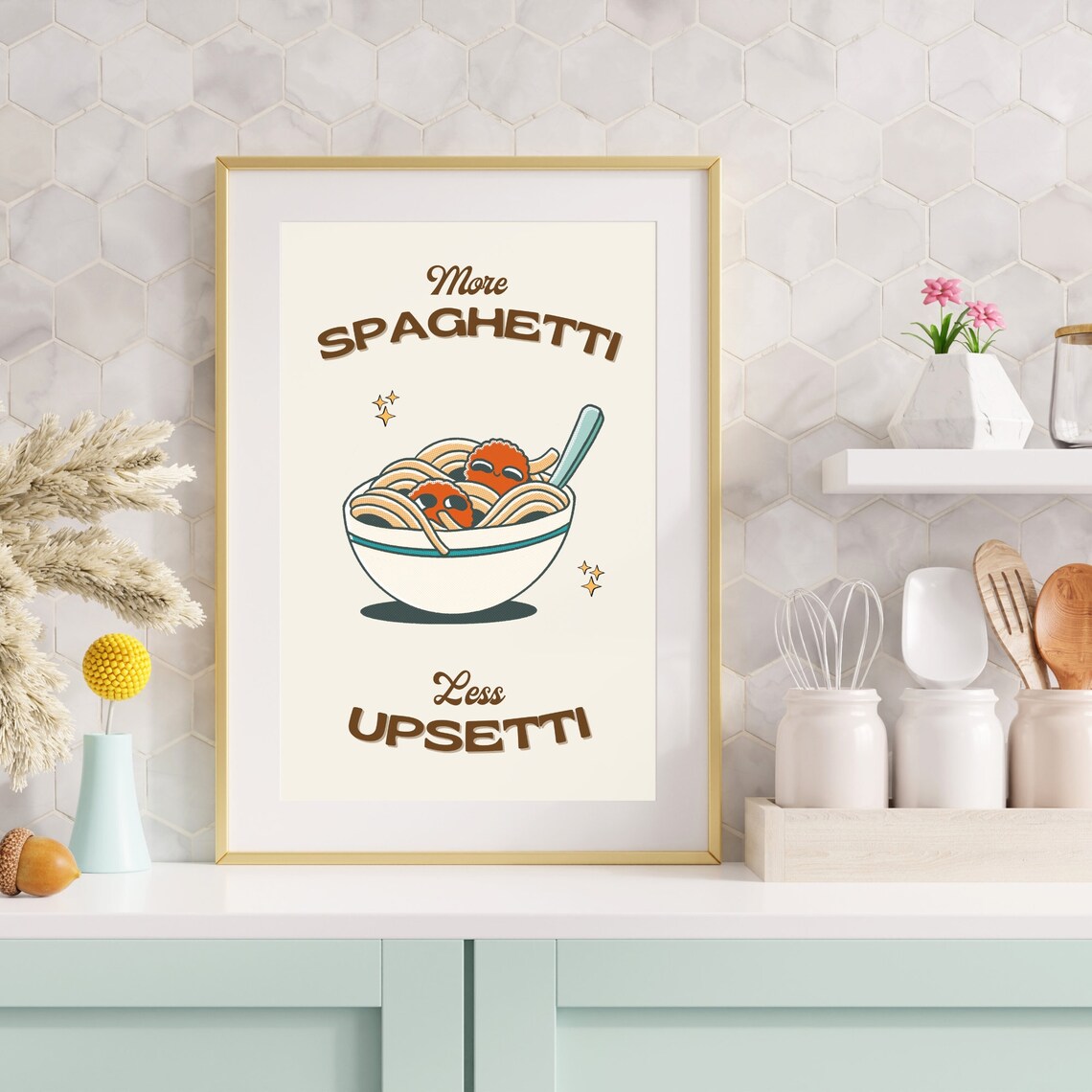 More Spaghetti Less Upsetti Retro Kitchen Art Print - Image 4