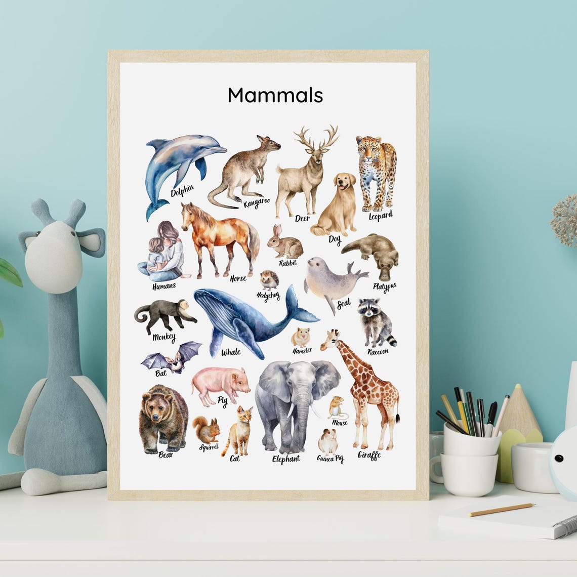 Mammals Educational Chart Watercolor Animals Elephant Whale Poster - Image 6