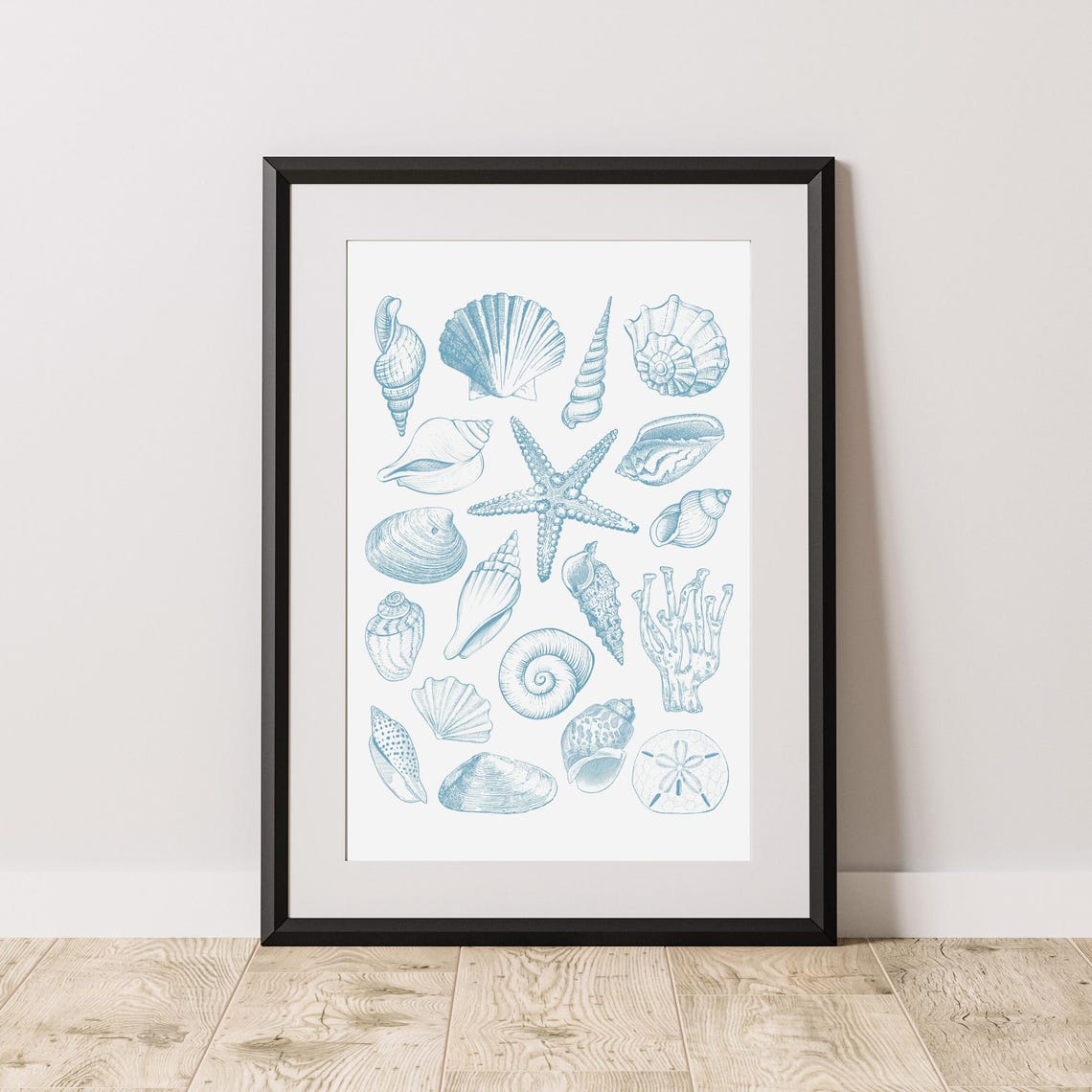 Blue Seashell Line Art Starfish Sand Dollar Coastal Sketch Poster - Image 3