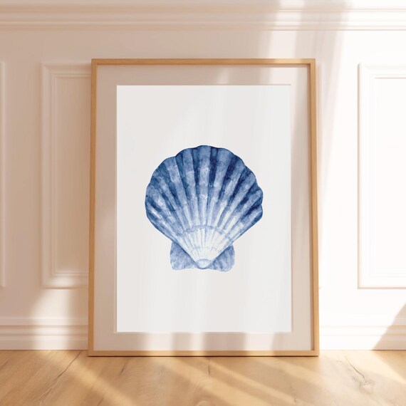 Blue Scallop Shell Watercolor Coastal Beach Minimalist Wall Art