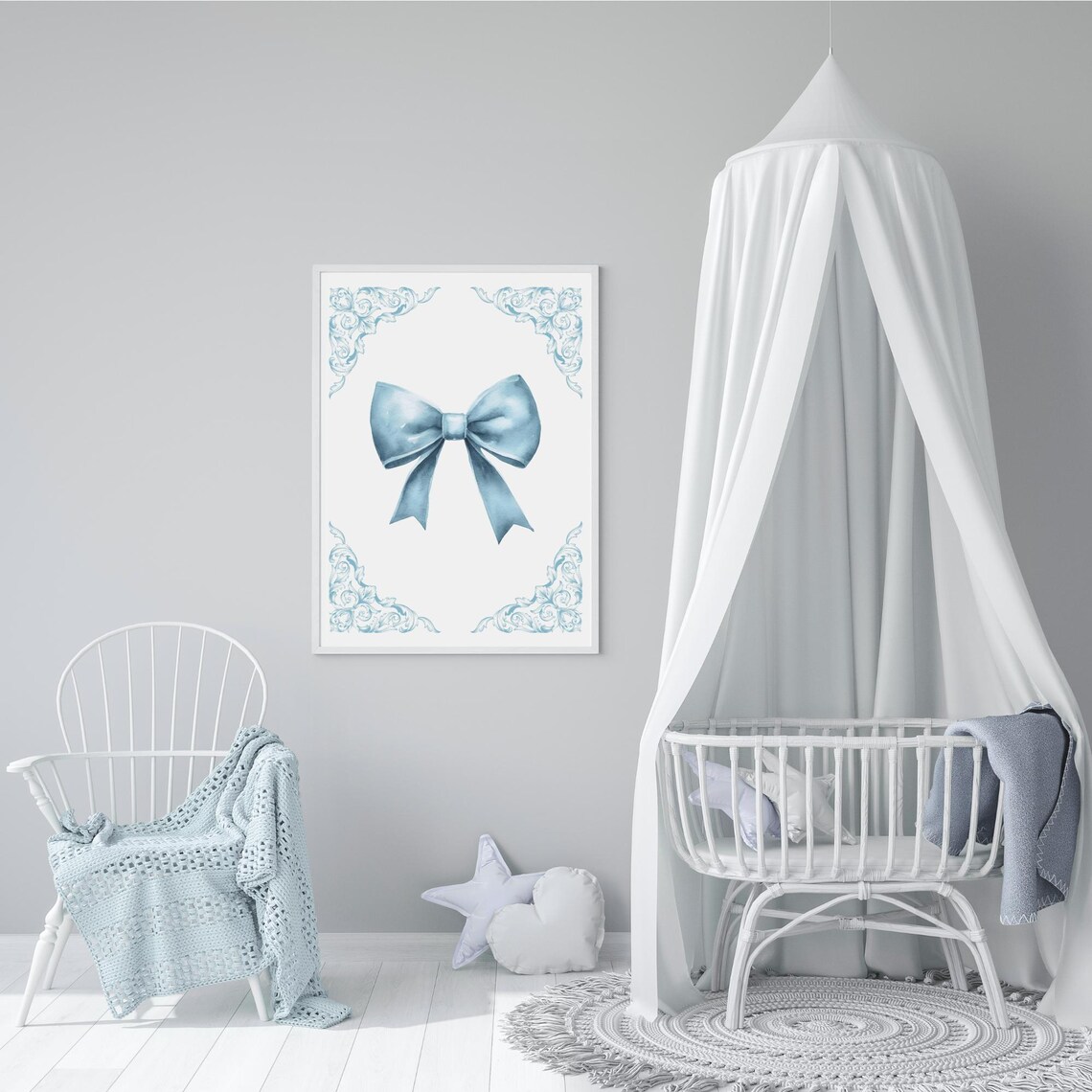 Blue Watercolor Ribbon Bow With Baroque Corner Flourish Art Poster - Image 5