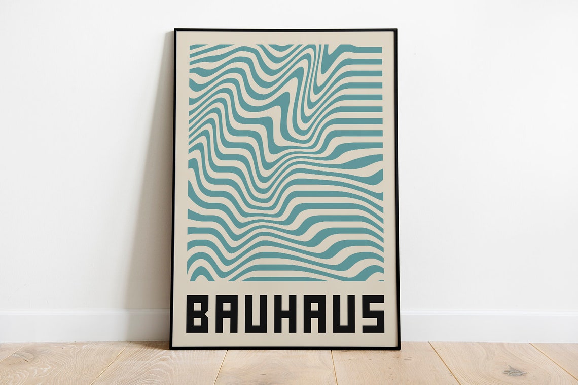 Bauhaus Teal Wavy Lines Optical Retro Abstract Mid Century Art Poster - Image 4