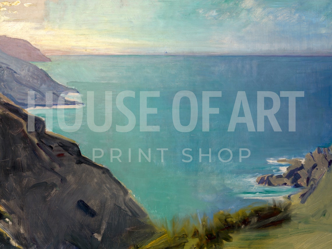 Serene Turquoise Coastline Cliffs Golden Sky Vintage Seascape Poster - Image 2