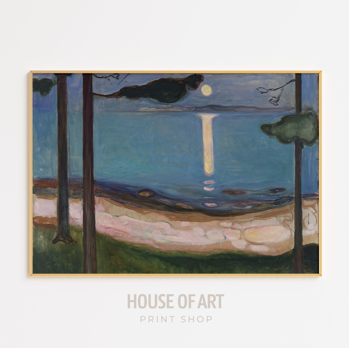 Moonlit Coastal Night Landscape Moonlight Reflection Pines Oil Poster
