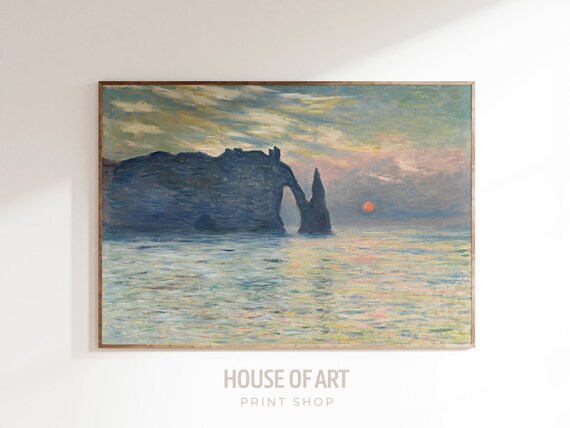 Impressionist Sunset Cliff Artwork French Evening Seascape Instant Print Red Sun Water Reflection Oil Painting