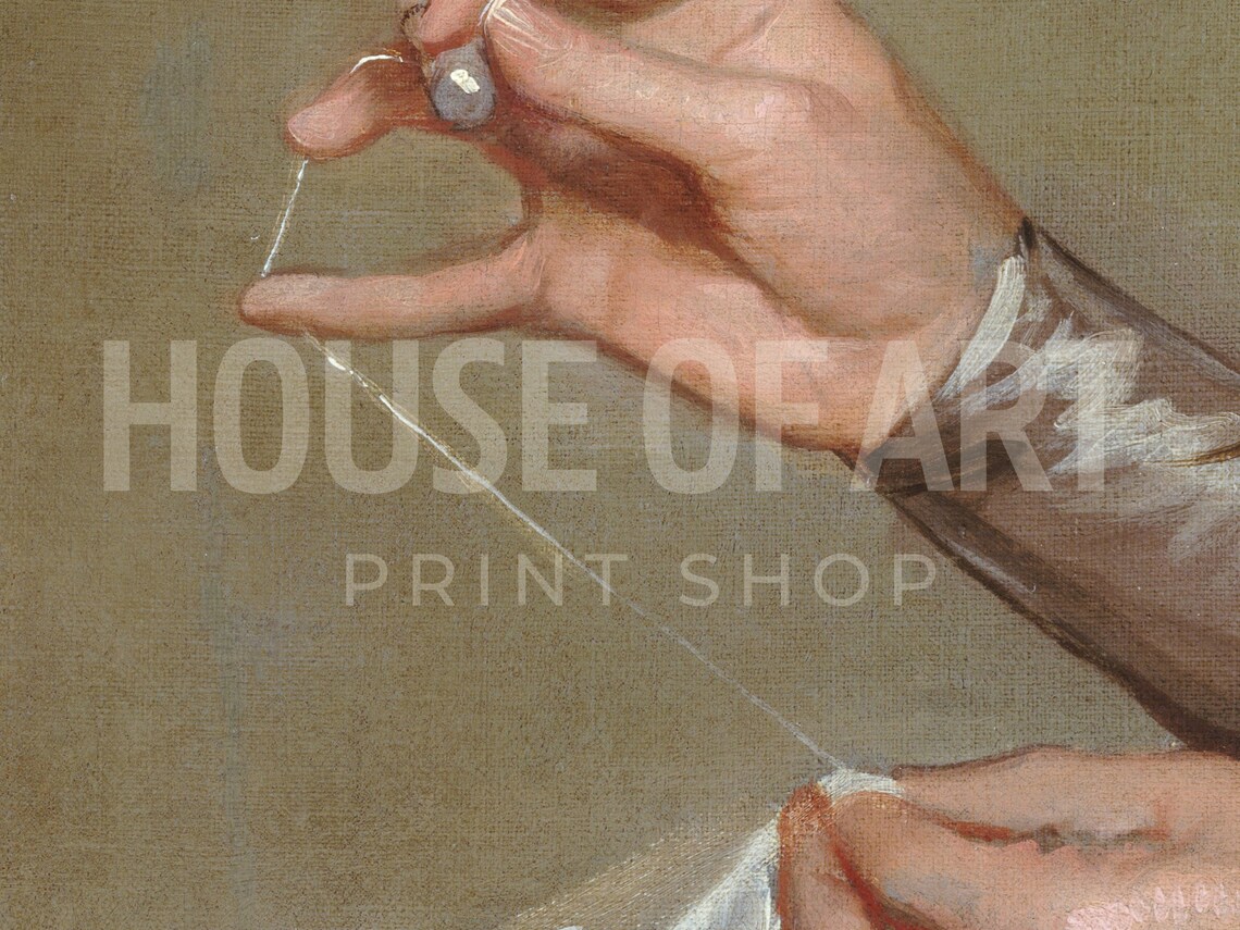 Vintage Hands Threading Needle Sewing Silk Detail Oil Painting Wall Art - Image 2