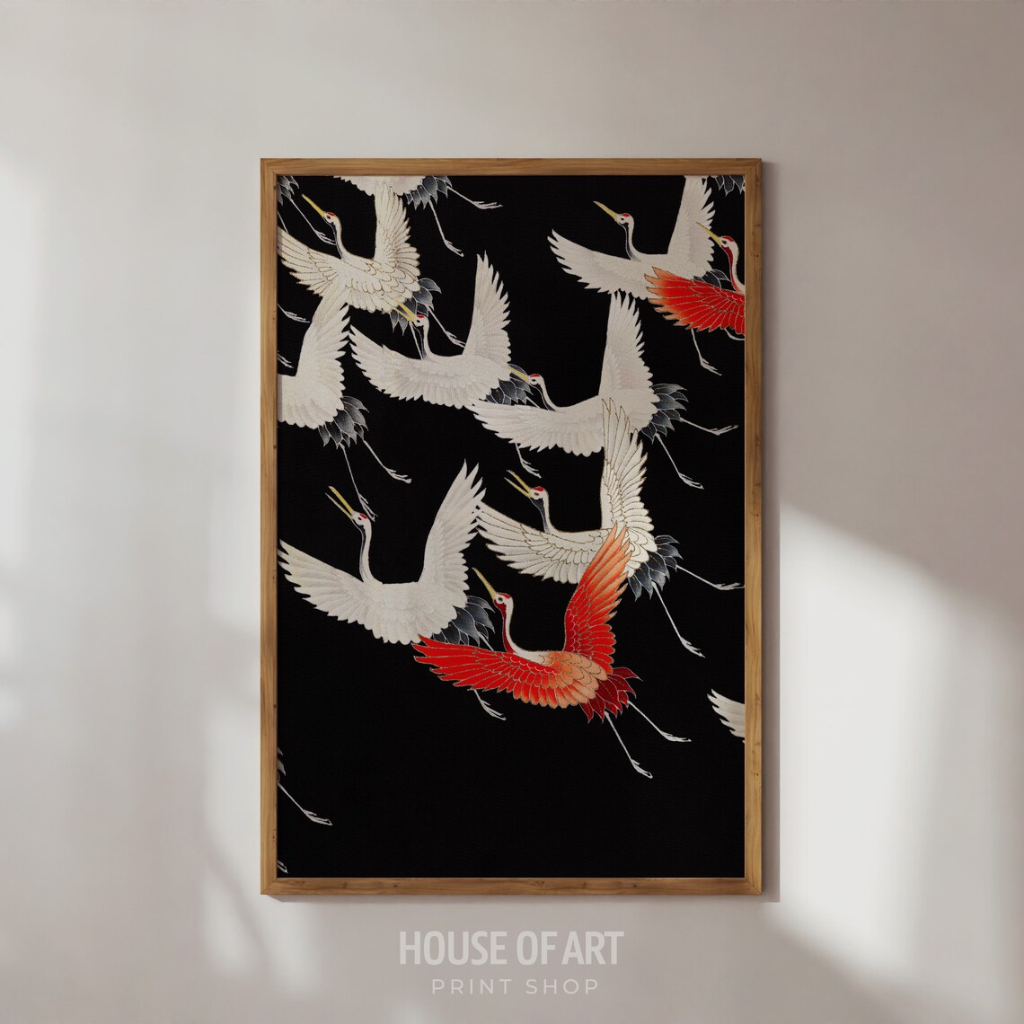 Japanese Cranes Woodblock White Red Birds Black Background Art Poster