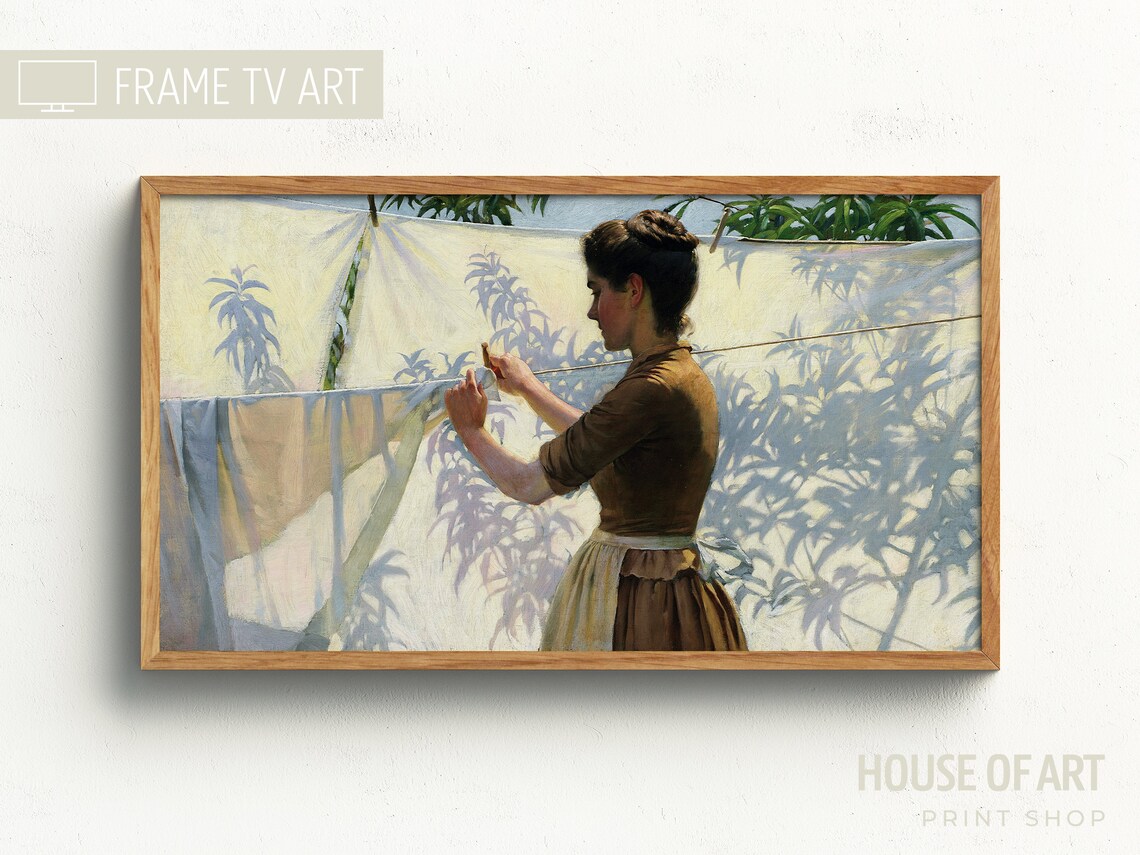 Woman Hanging Laundry In Sunlit Garden Vintage Oil Painting Art Print
