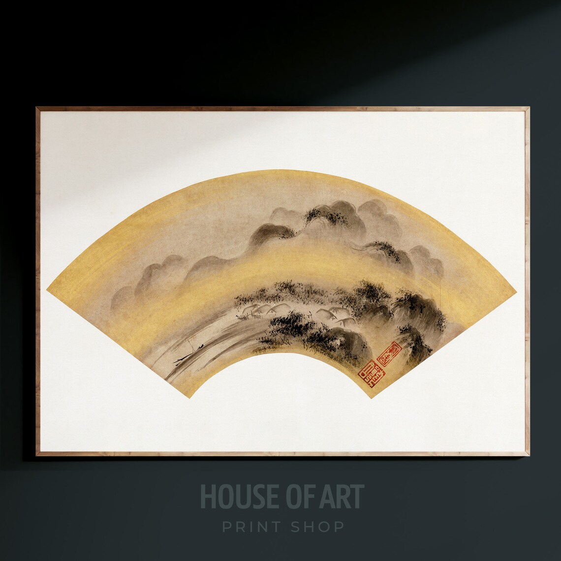 Antique Japanese Fan Painting Gold Mountain Landscape Asian Art Print - Image 2