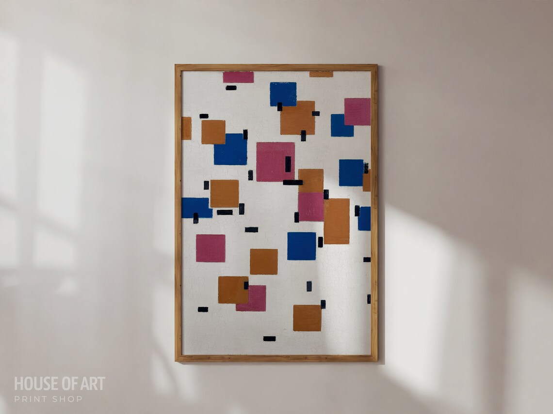Colorful Squares Blue Rose Ochre Geometric Abstract Art Poster