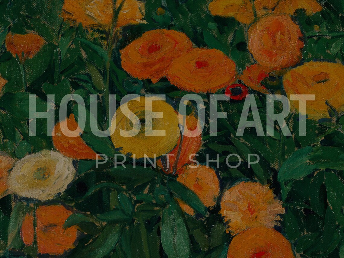 Orange Marigolds Blooming In Dark Garden Oil Painting Floral Wall Art - Image 2