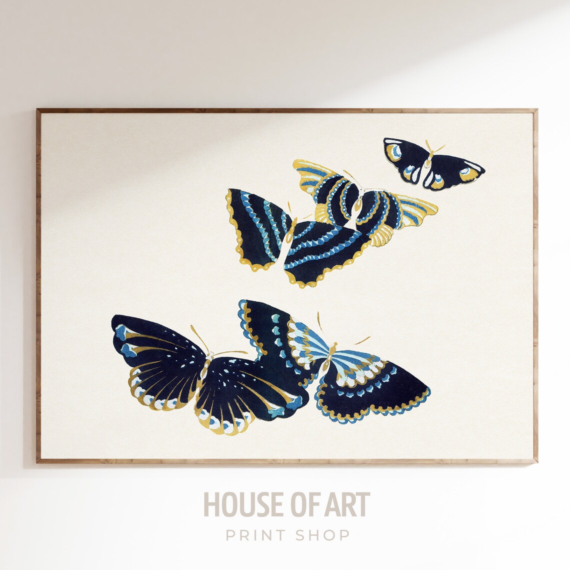 Dark Navy Butterflies Gold Accents Japanese Woodcut Art Poster