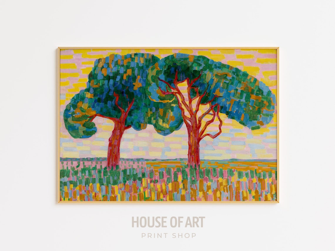 Two Trees Artwork Colorful Garden Landscape Instant Print Luminist Style Bright Oil Painting Modern Dutch Art