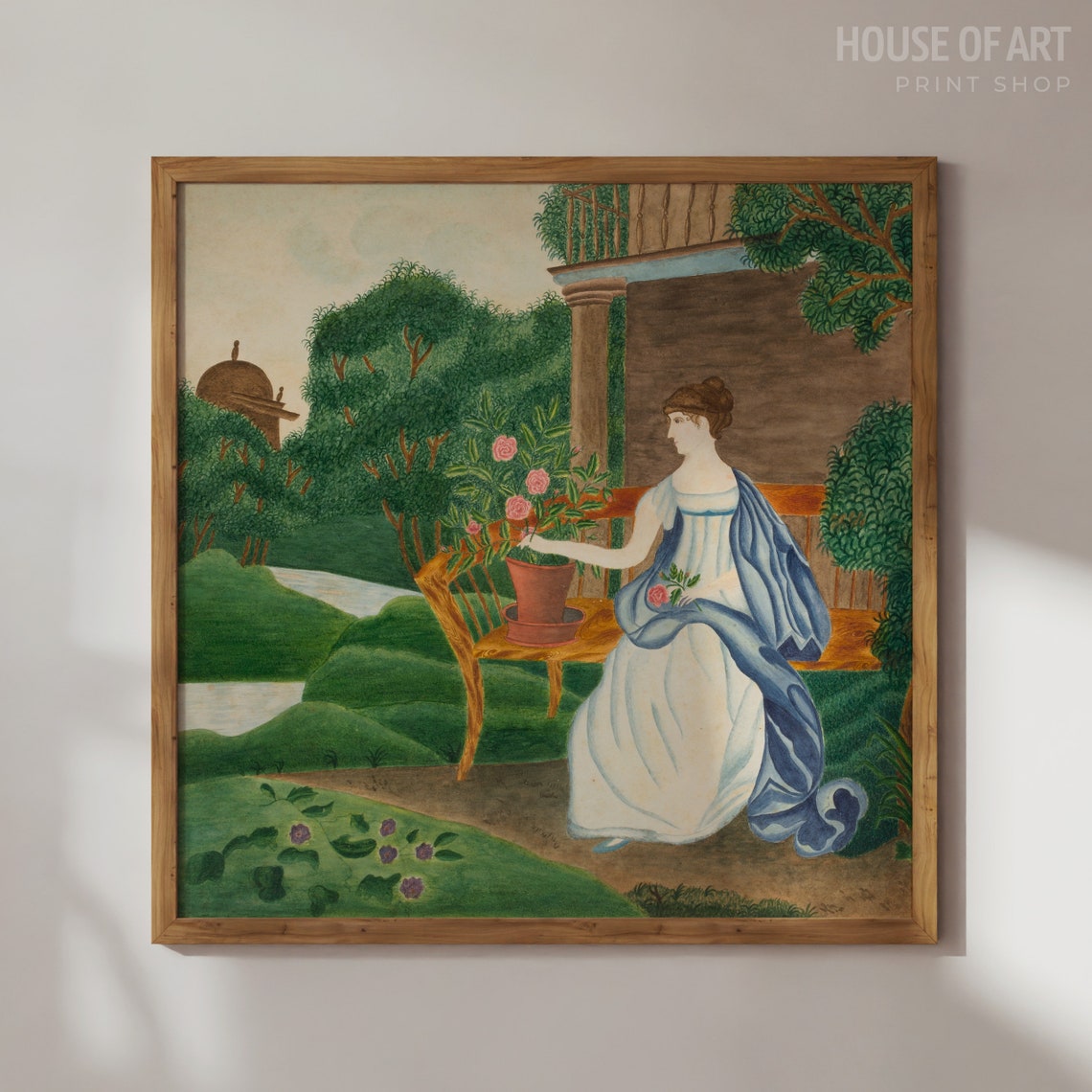 Woman In A Garden Square Landcape Art Antique Painting Woman Vintage Art Cottage Garden Print Roses Painting Wall Art