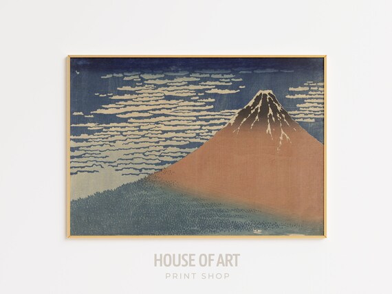 Japanese Mount Fuji Artwork Snow Mountain Instant Print Blue Sky White Clouds Volcano Landscape Color Woodcut