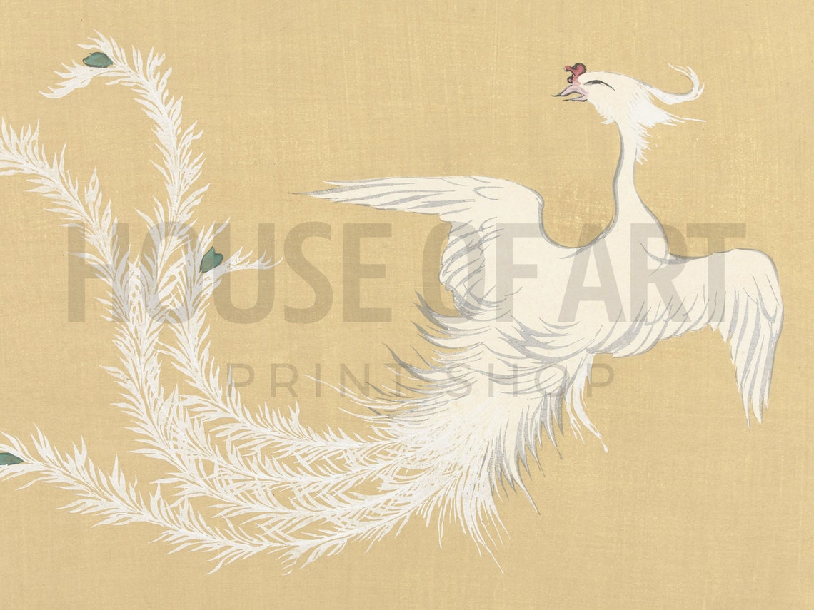 Japanese White Phoenix Vintage Woodblock Elegant Firebird Art Poster - Image 2