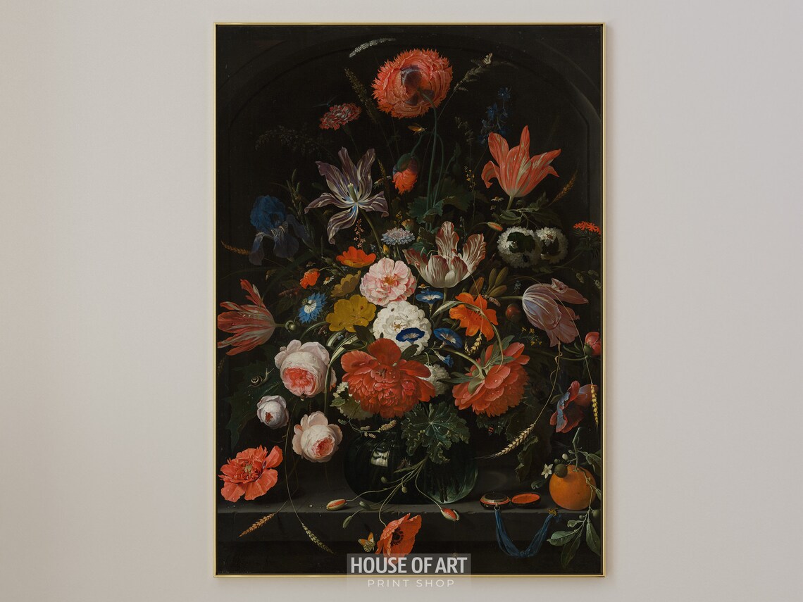Dark Moody Dutch Floral Still Life Tulips Poppies Antique Print