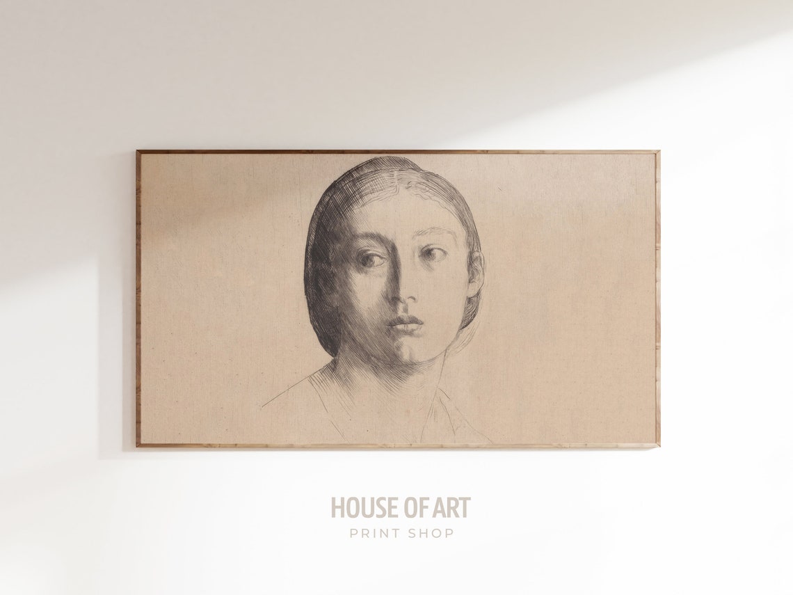 Frame Tv Art Vintage Portrait Of A Woman Drawing Black And White Female Artwork Beautiful Girl Dreamy Pencil Sketch