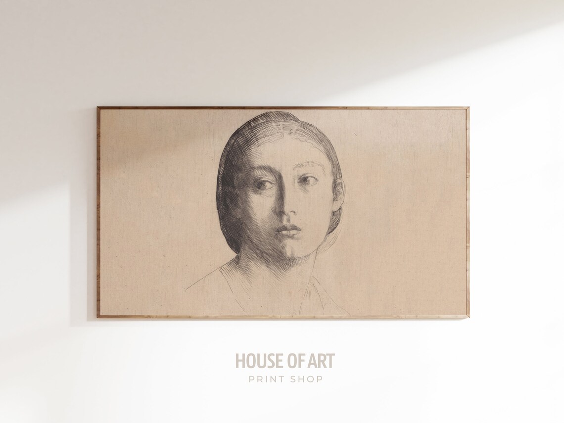 Pencil Sketch Portrait Of Woman Black And White Drawing Vintage Art Poster