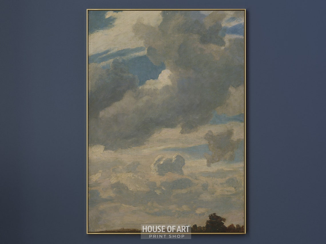 Stormy Cumulus Clouds Blue Sky Vertical Vintage Oil Painting Art Print - Image 3