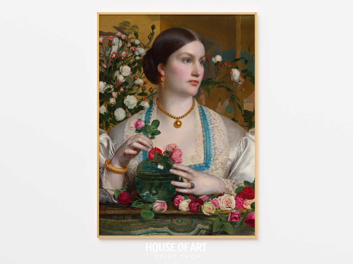 Portrait Of A Woman With Roses Artwork Young Lady And Flowers Instant Print Fair Bejewelled Grace Oil Painting