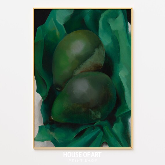 Contemporary Pears Oil Painting Still Life Close Up Two Green Alligator Pears Artwork Fruit Study Gallery Wall Print Wall Art