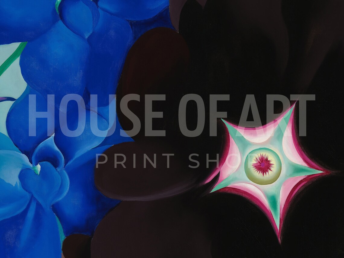 Georgia OKeeffe Style Black Hollyhock Blue Larkspur Flower Art Print - Image 2
