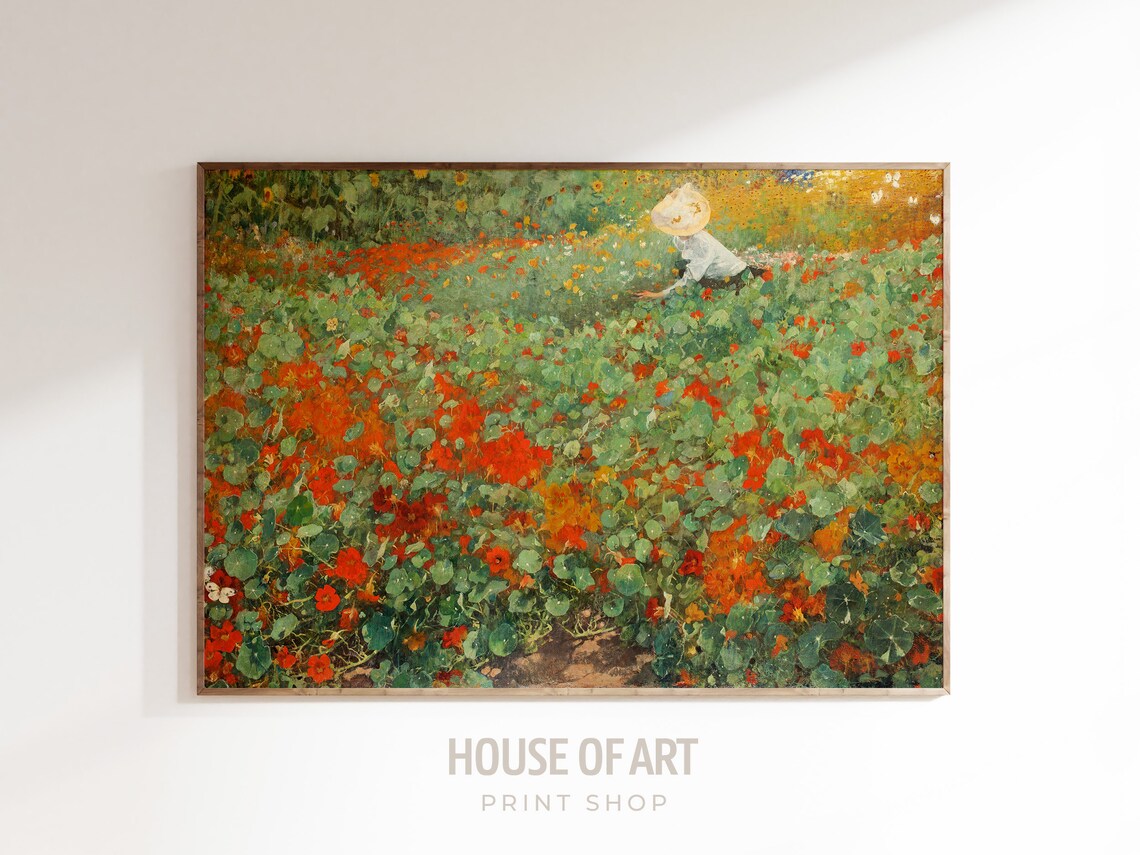 Woman in Flower Garden, Plein Air Oil Painting Print
