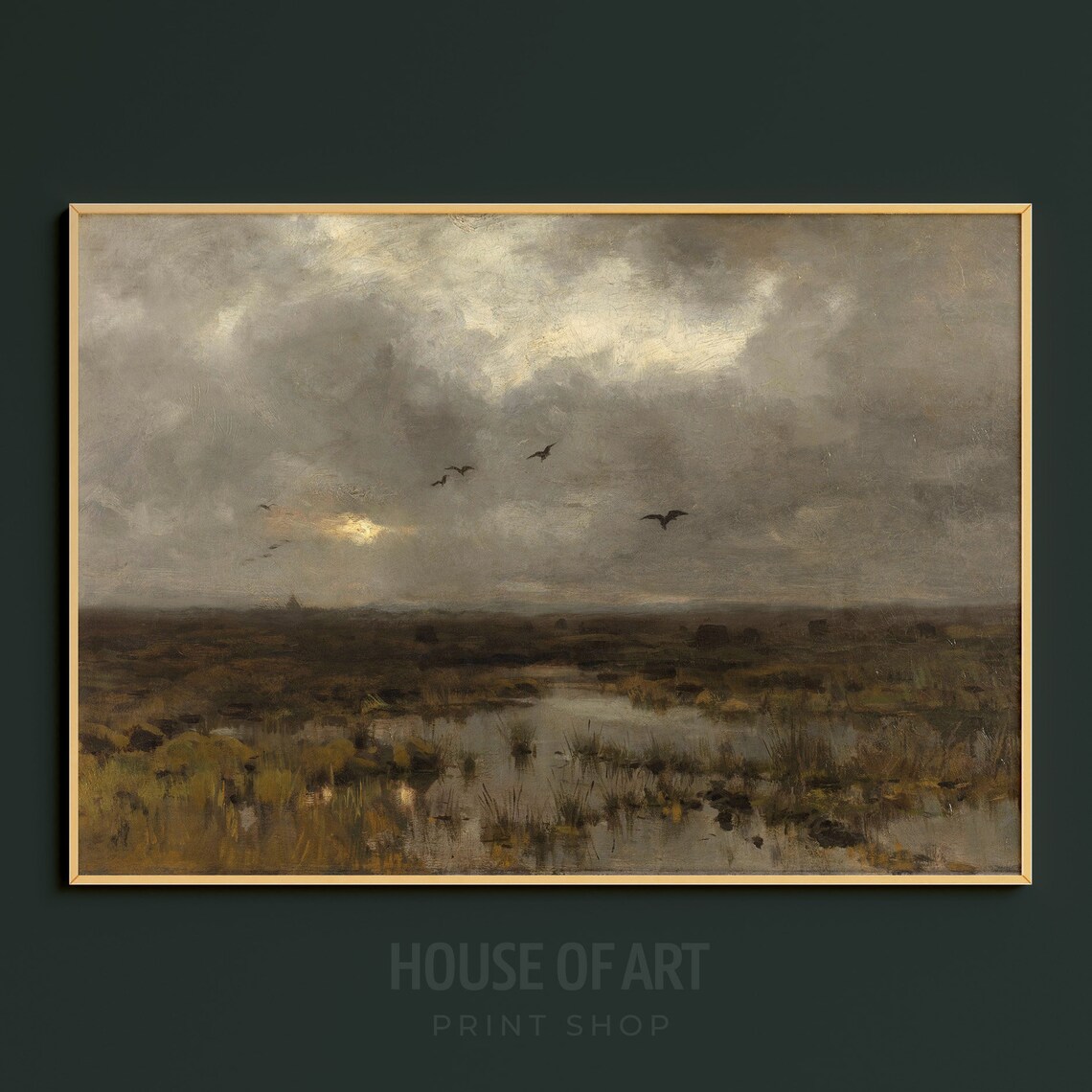 Moody Marsh Landscape Flying Birds Dark Cloudy Sky Vintage Painting Print - Image 3