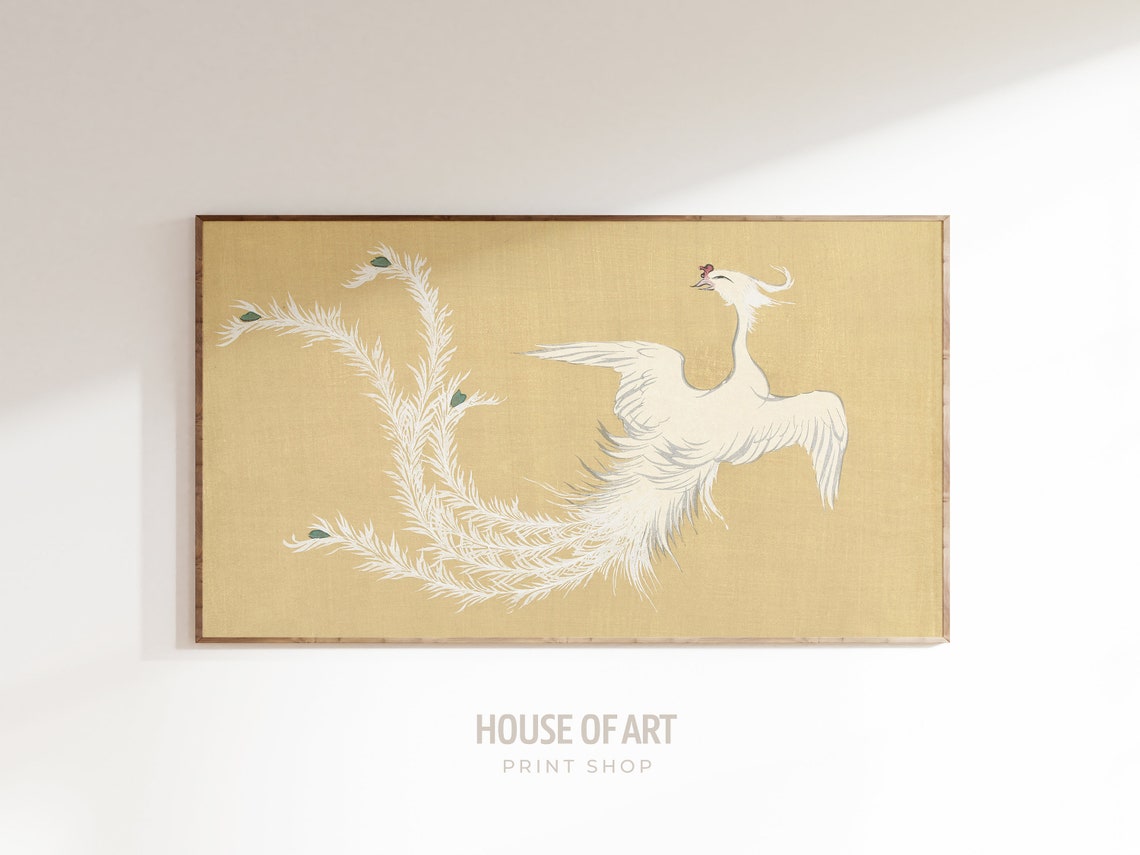 Japanese White Phoenix Vintage Woodblock Elegant Firebird Art Poster