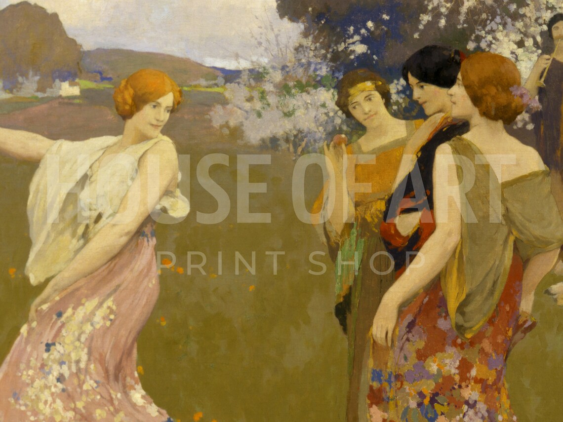Graceful Women Dancing In Blossom Garden Spring Vintage Oil Art Print - Image 2
