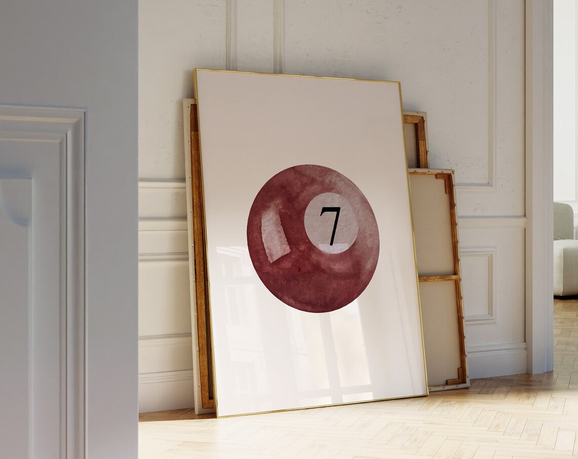 Burgundy Seven Ball Watercolor Billiards Retro Game Room Poster