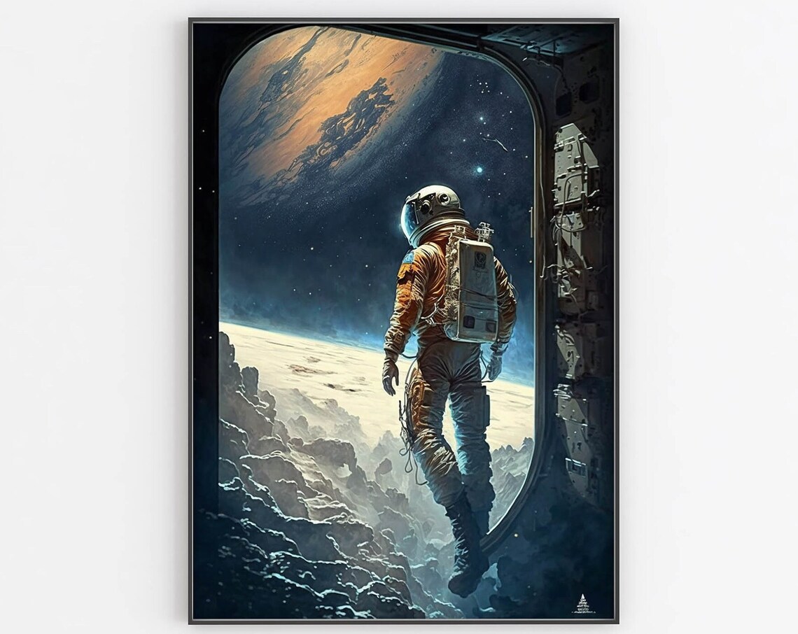 Astronaut Stepping Out of Spacecraft Hatch Starfield View Poster