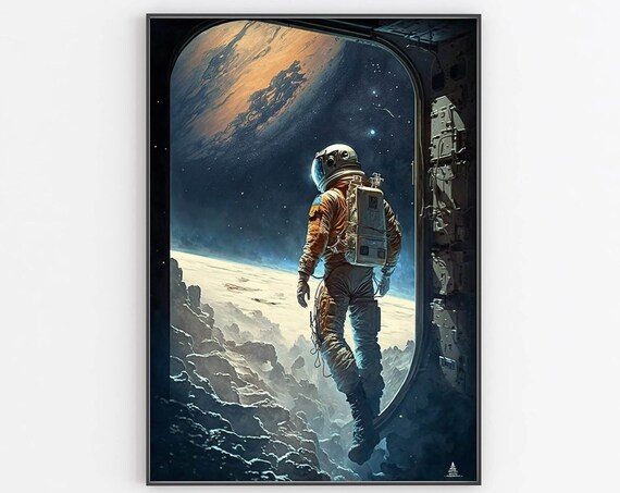 Astronaut Stepping Out of Spacecraft Hatch Starfield View Poster