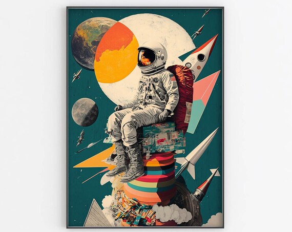 Astronaut Collage Poster With Planets Rockets Retro Outer Space Style