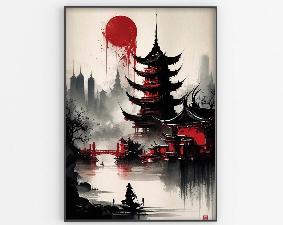 Japanese Red Sun Pagoda Poster Dramatic Ink Fisherman River Artwork