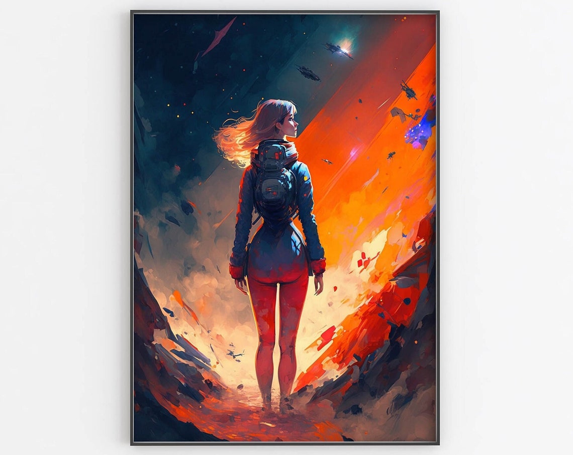 Sci Fi Astronaut Poster Woman in Space Fiery Nebula Galaxy Art