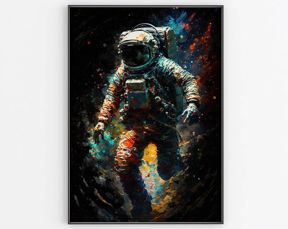 Abstract Astronaut Painted Poster Orange Teal Splatter Dark Space Art