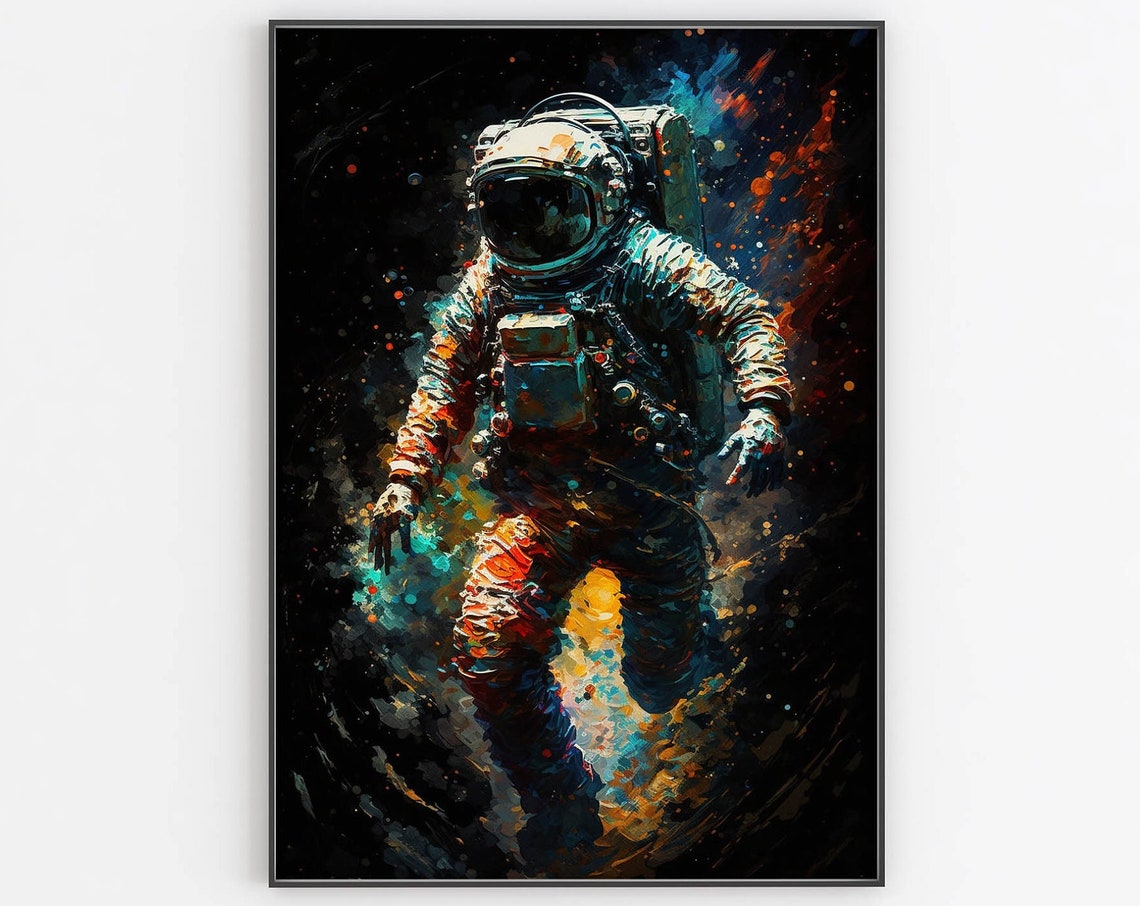 Abstract Astronaut Painted Poster Orange Teal Splatter Dark Space Art