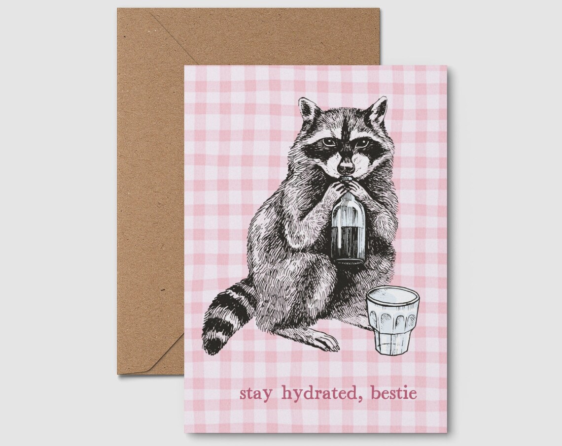 Stay Hydrated Bestie Raccoon Funny Sketch Pink Gingham Card Art Poster