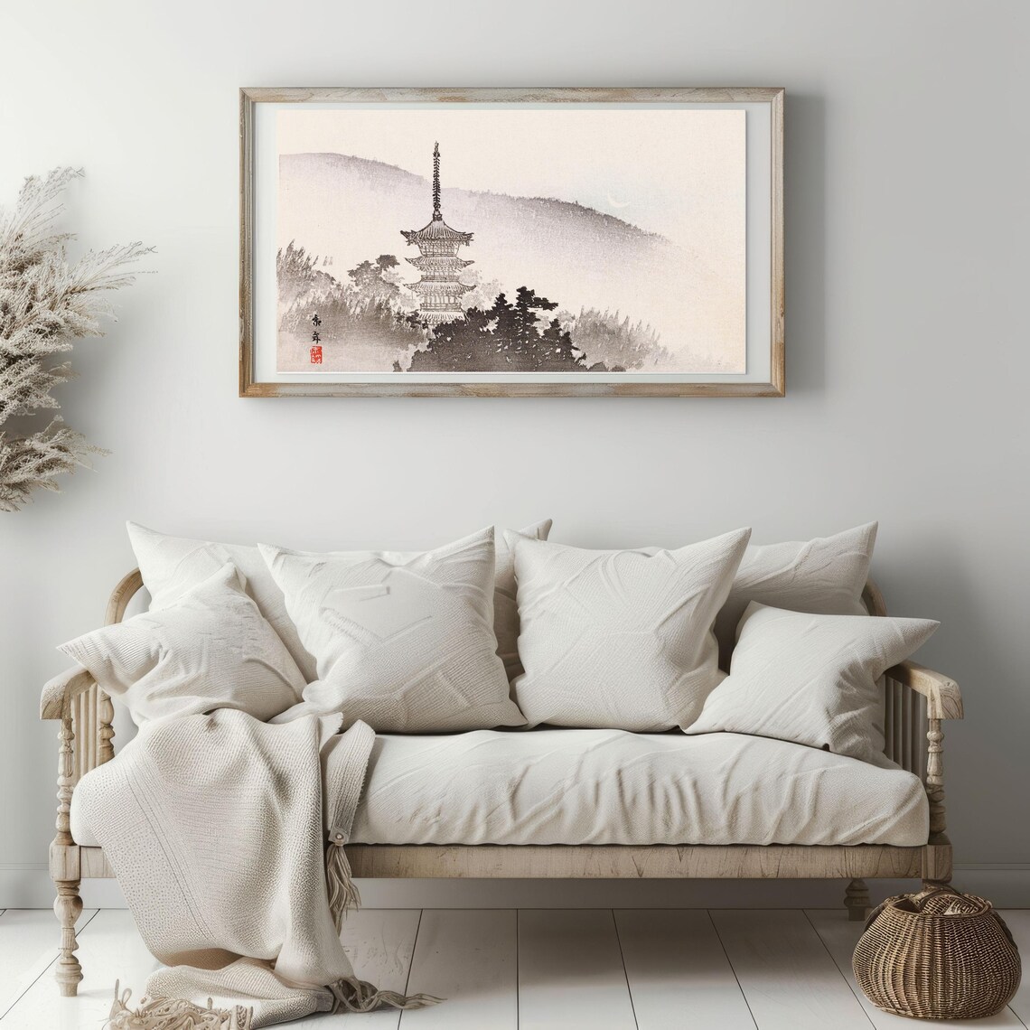Japanese Pagoda In Misty Mountains Ink Wash Landscape Art Poster - Image 2