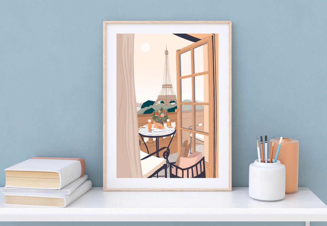 Paris Balcony Breakfast Eiffel Tower Morning View Daytime Art Print - Image 2