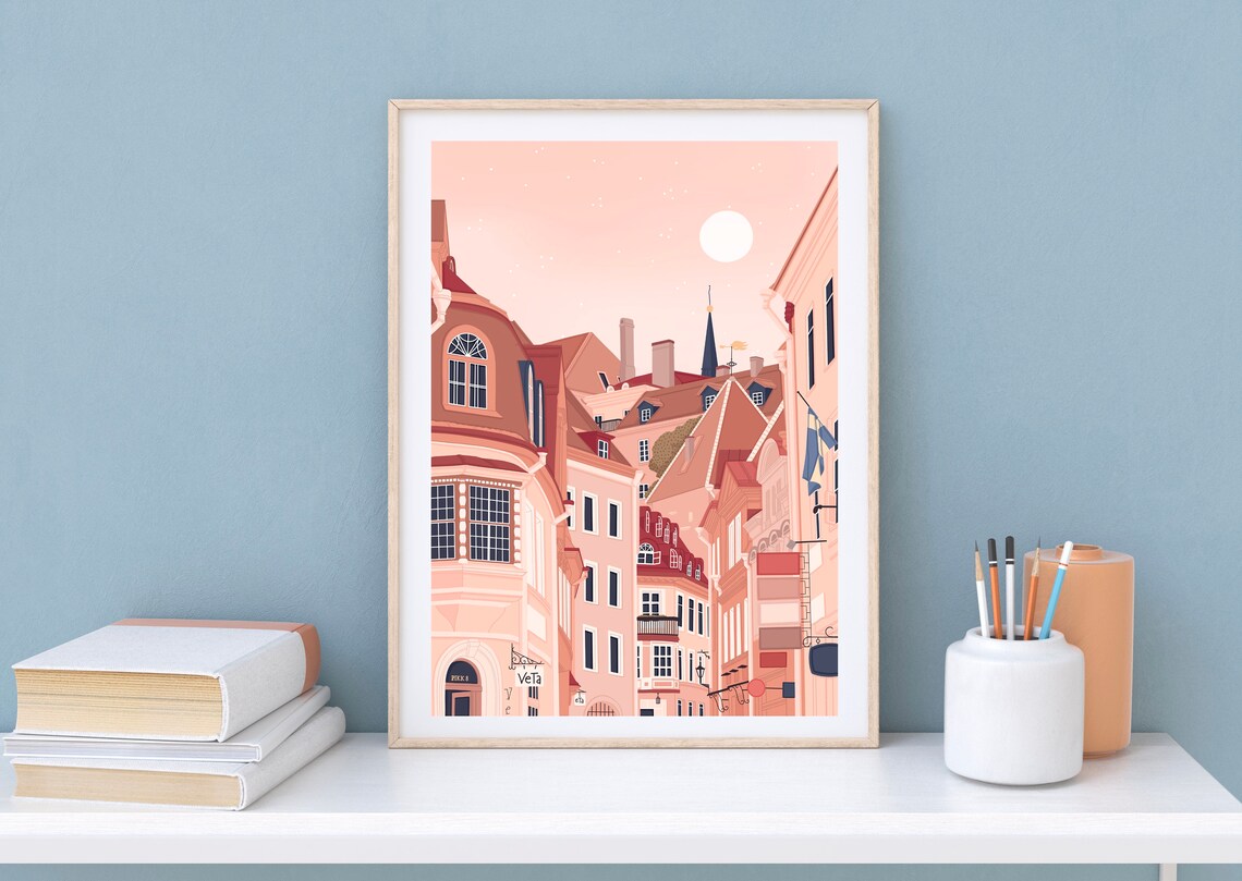 Tallinn Estonia Old Town Street Daytime Pastel Sky View Art Print - Image 3