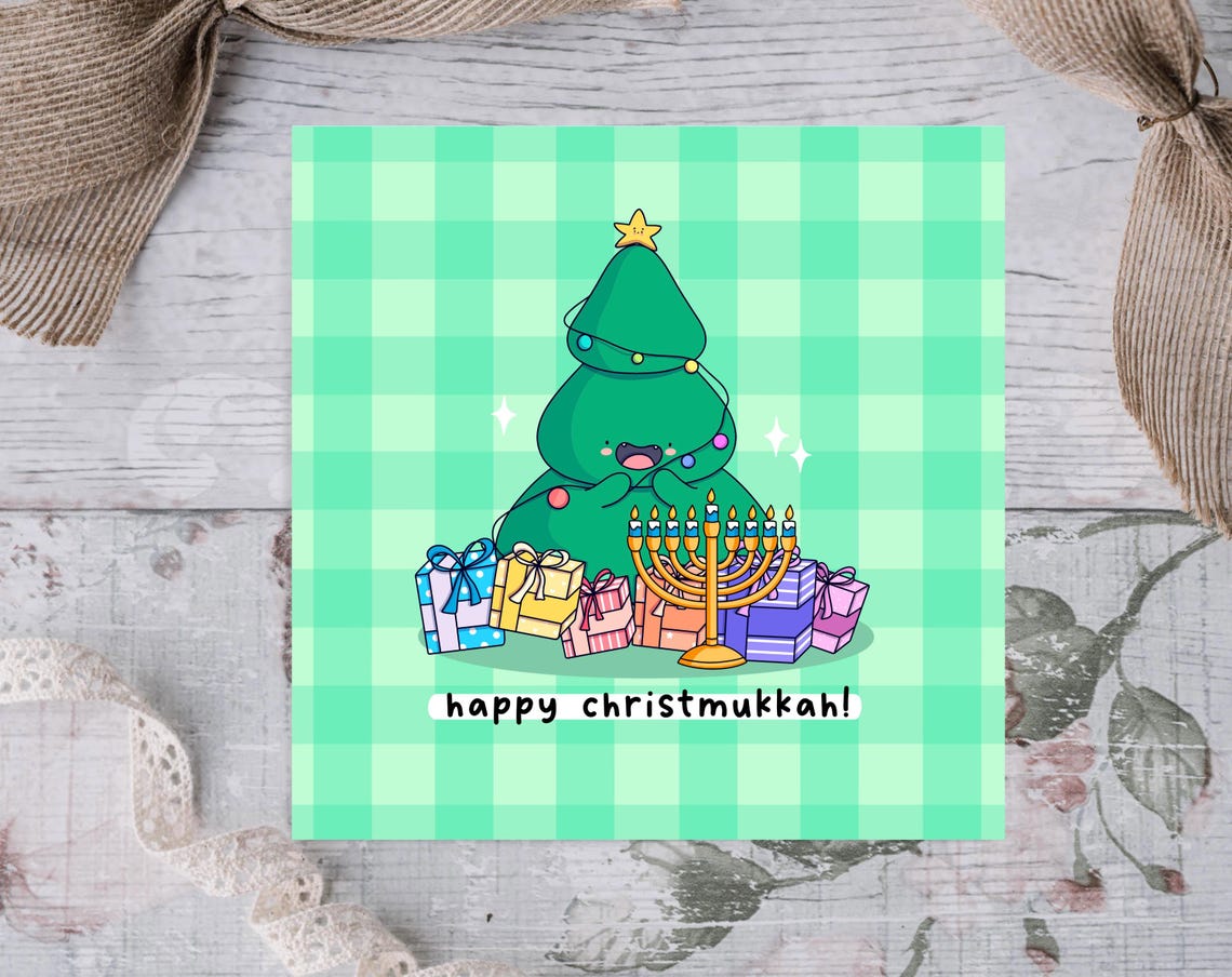 Kawaii Christmukkah Poster with Christmas Tree Menorah and Gifts - Image 2