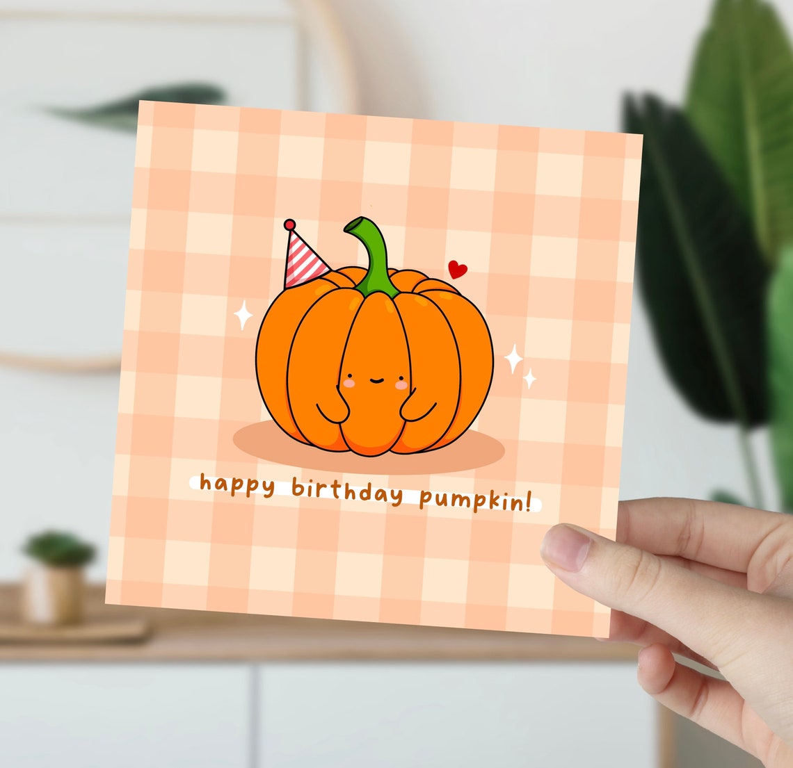 Cute Pumpkin Party Hat Happy Birthday Pun On Gingham Wall Art - Image 6