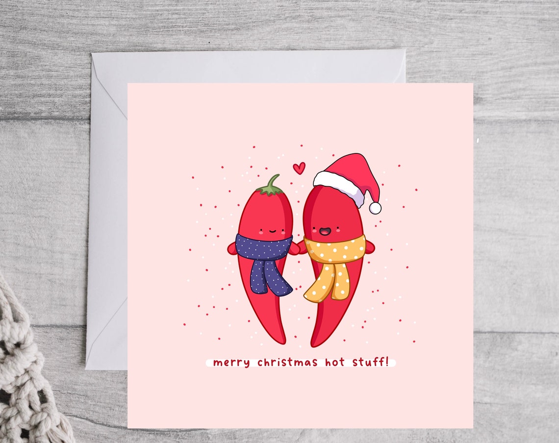 Merry Christmas Hot Stuff Kawaii Chili Pepper Couple Greeting Poster - Image 2